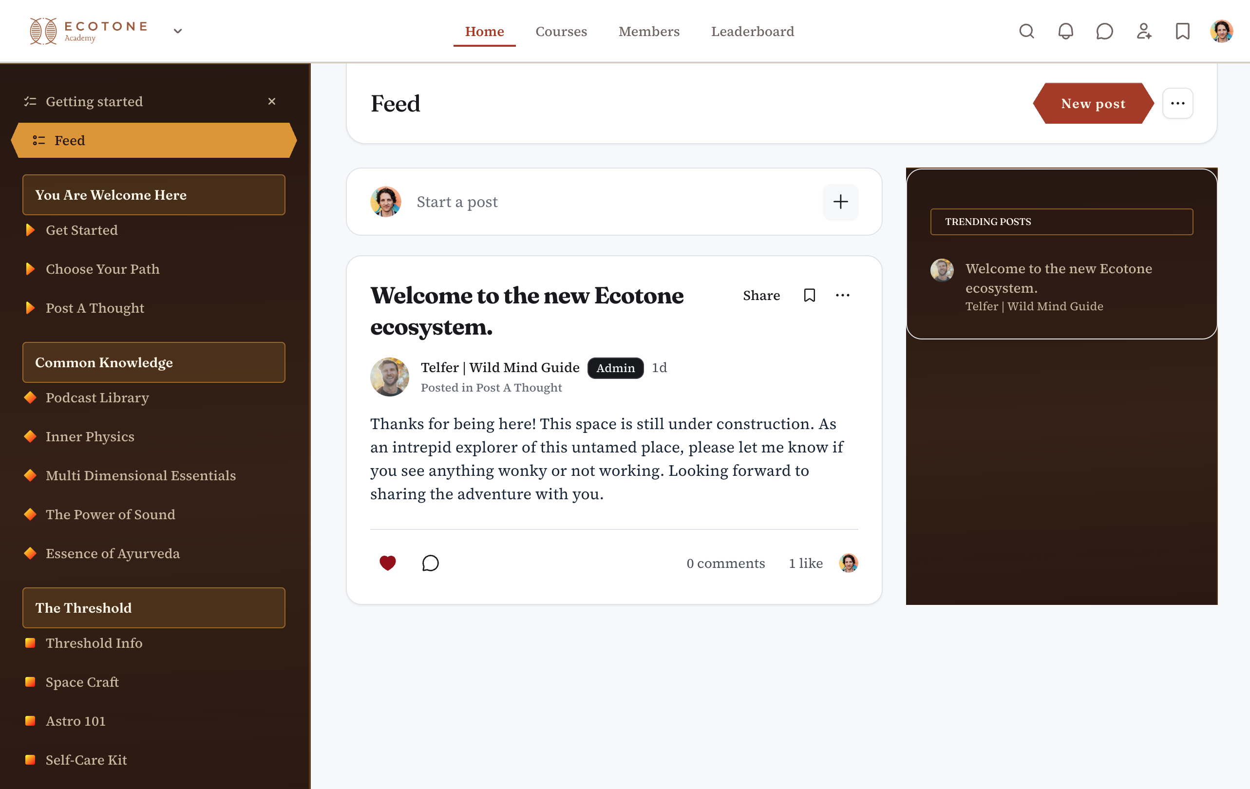The Ecosystem community feed with a welcome post and course navigation