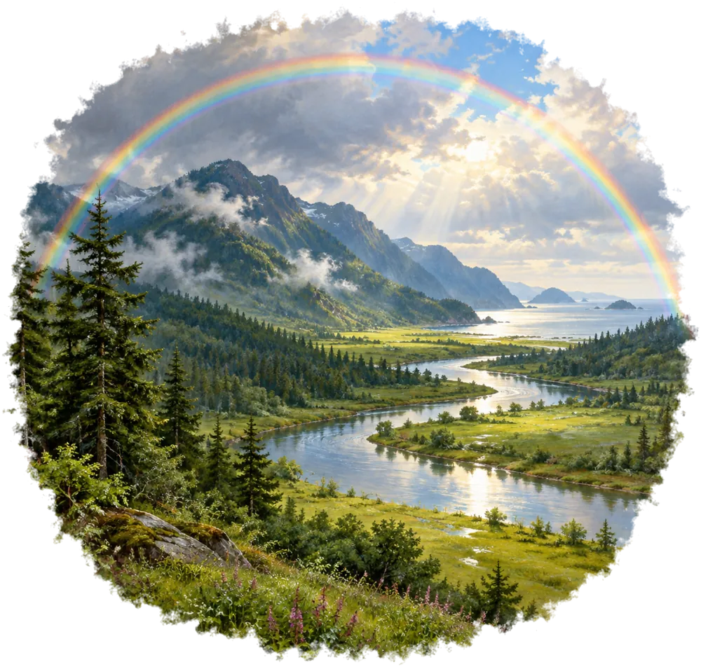 A river winding through meadow and forest to the sea, under a rainbow