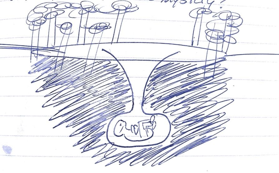 A pen sketch from Telfer’s quest journal: a figure lying in a hollow dug deep into dark earth beneath a line of trees