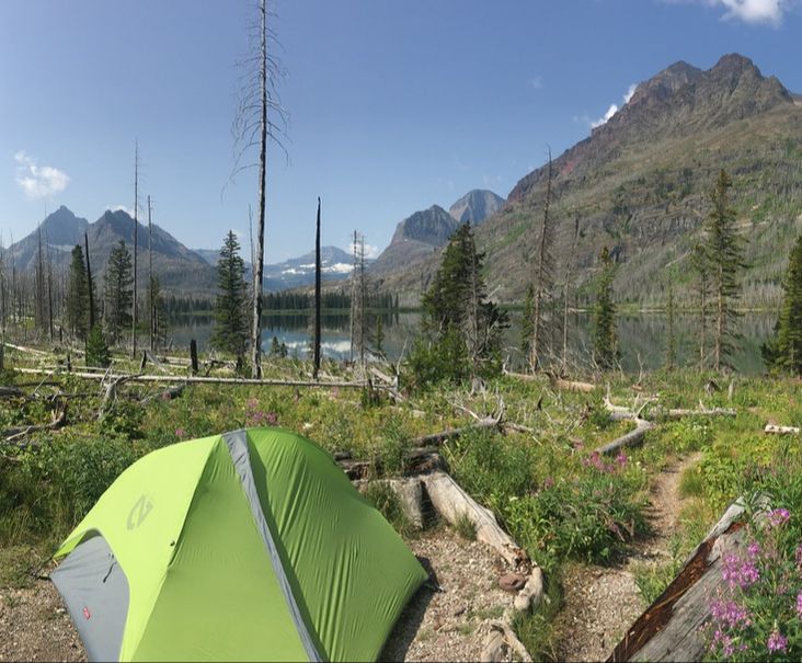 A green tent pitched beside Red Eagle Lake, among burned trees and wildflowers below the mountains of Glacier National Park