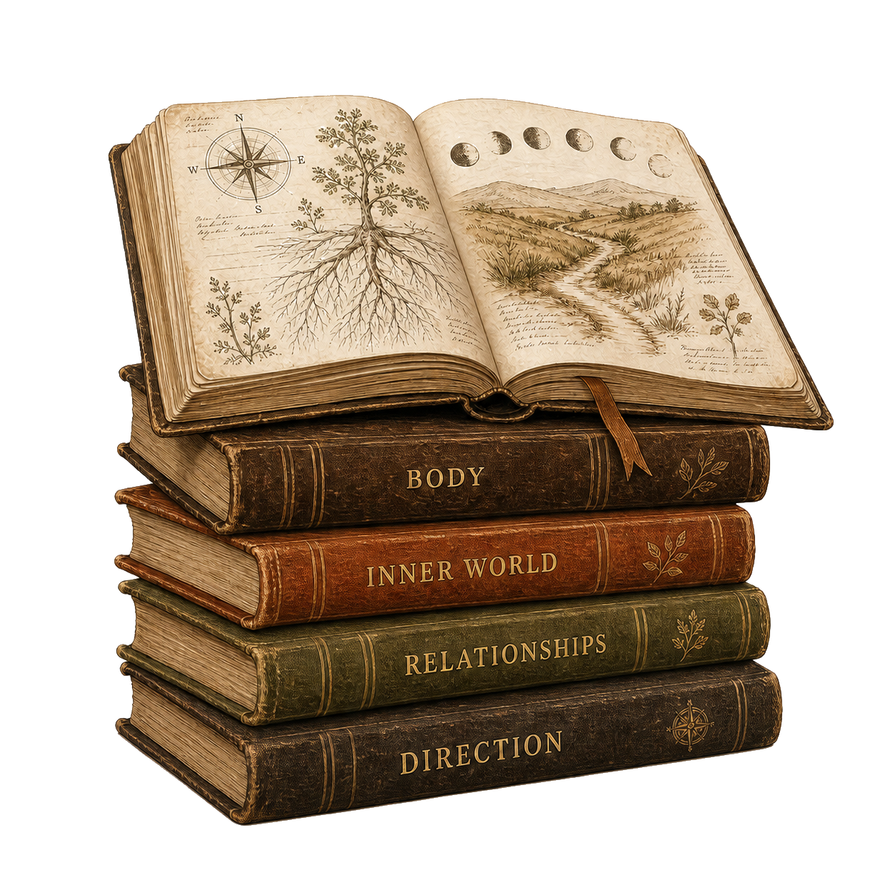 A stack of scholarly field guides titled Body, Inner World, Relationships, and Direction, topped by an open naturalist atlas