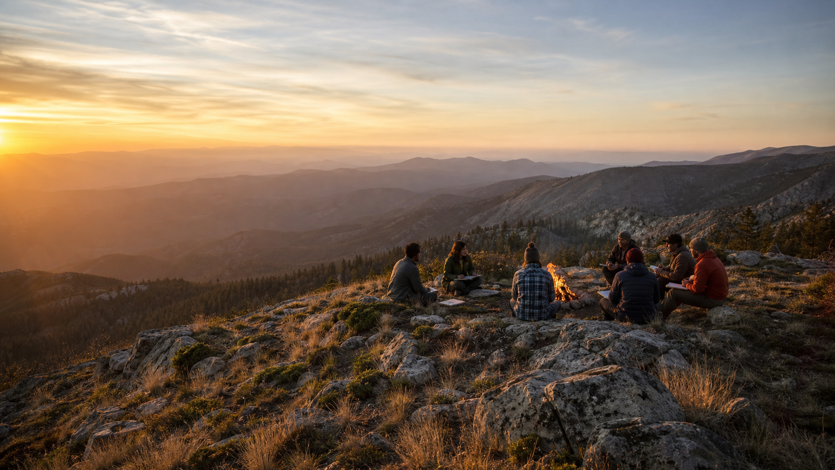 A small circle gathered around a fire on a mountain ridge at sunset