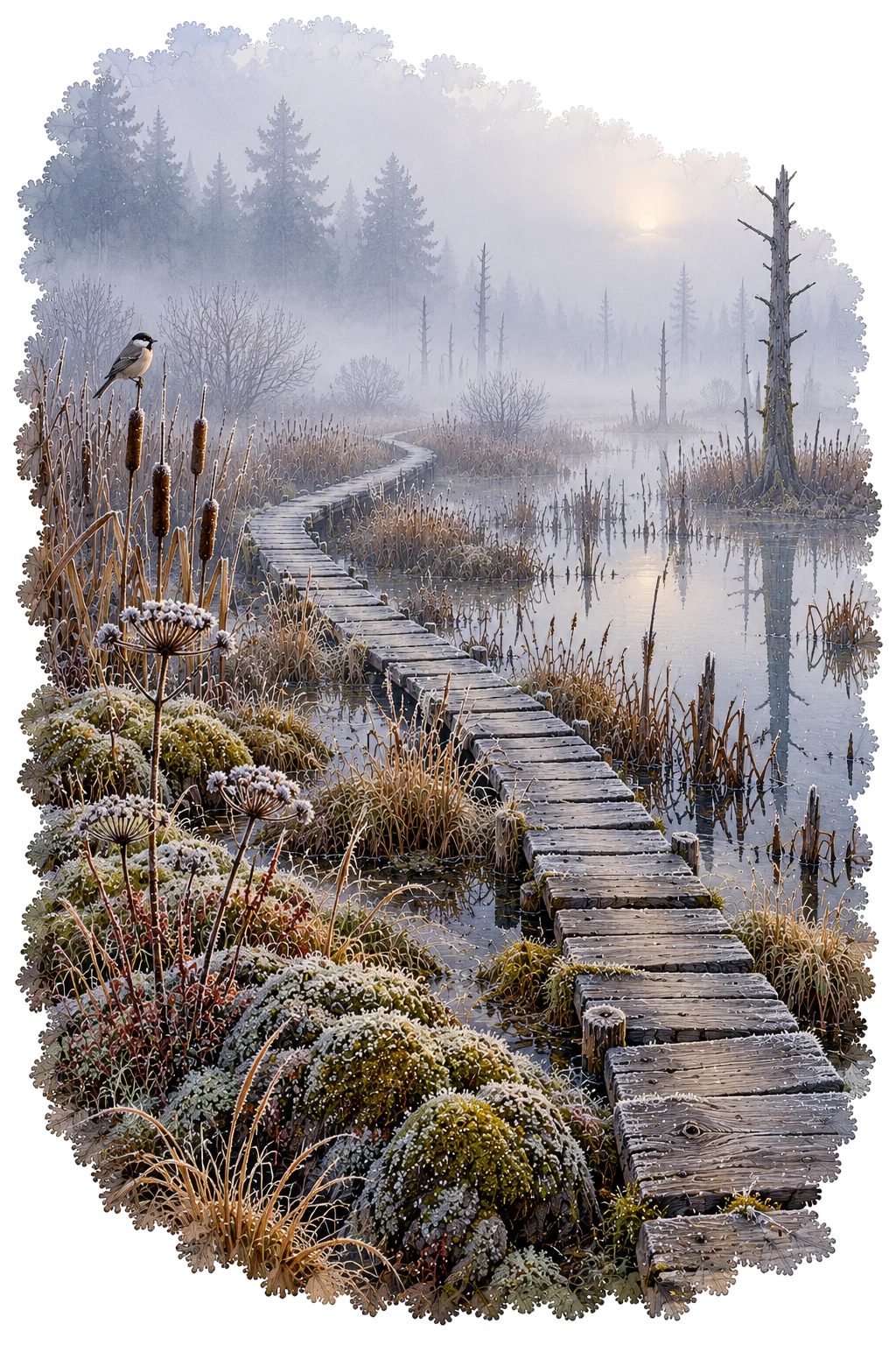 A frosted marsh at dawn, a plank walkway fading into soft fog