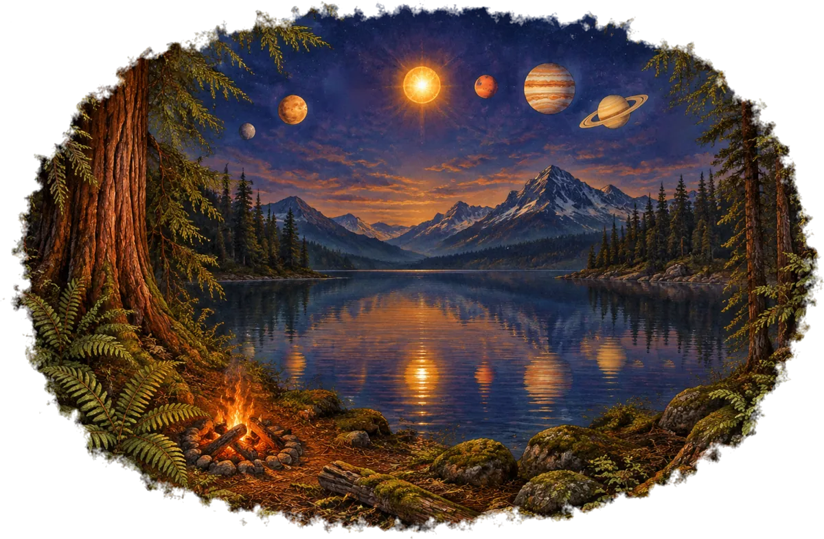 Mercury, Venus, the Sun, Mars, Jupiter and Saturn rising in a line over a mountain lake, with a campfire on the shore