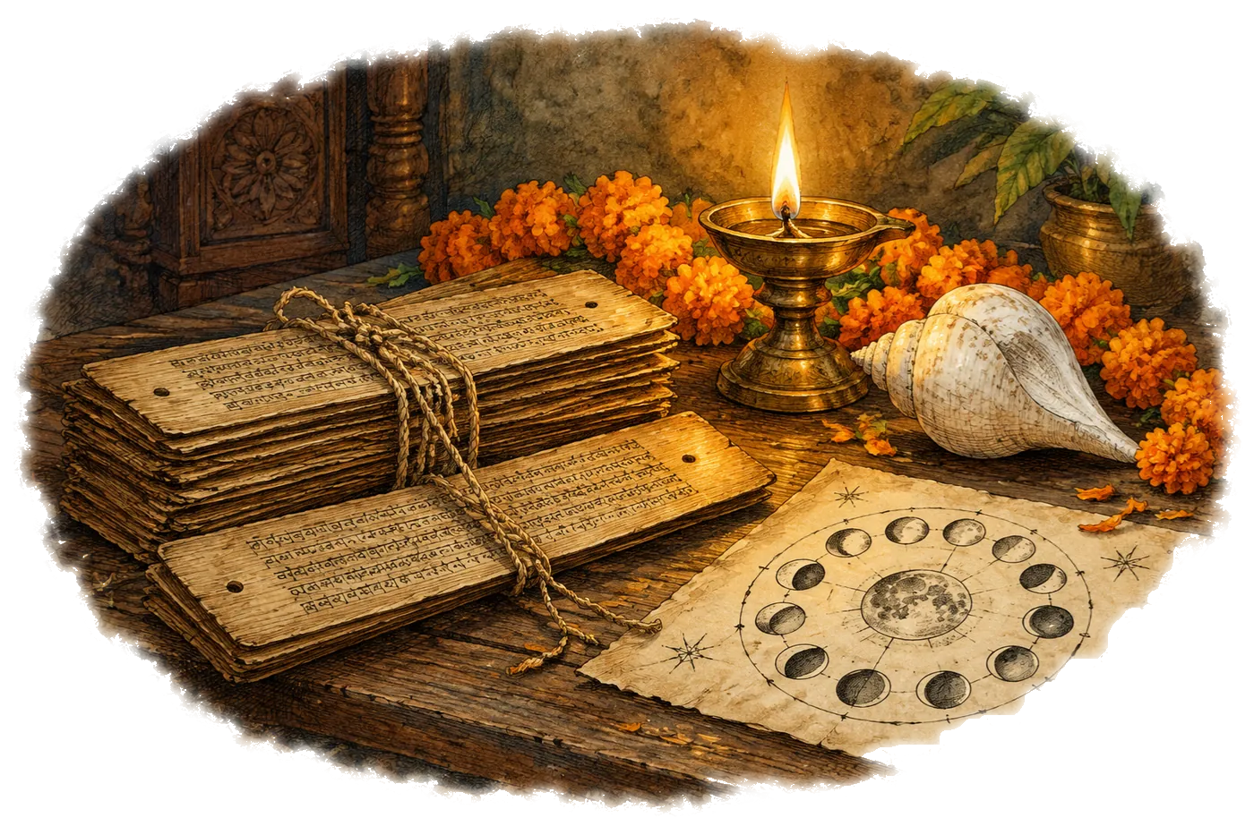 Palm-leaf almanac pages tied with cord beside an oil lamp, marigolds, a conch shell and a chart of the Moon’s phases
