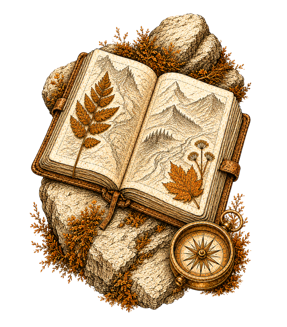 An ancient storybook drawing of a worn naturalist atlas and brass compass