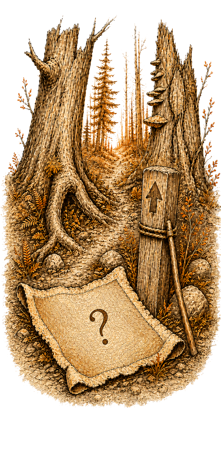 An illustrated forest trailhead with a weathered map