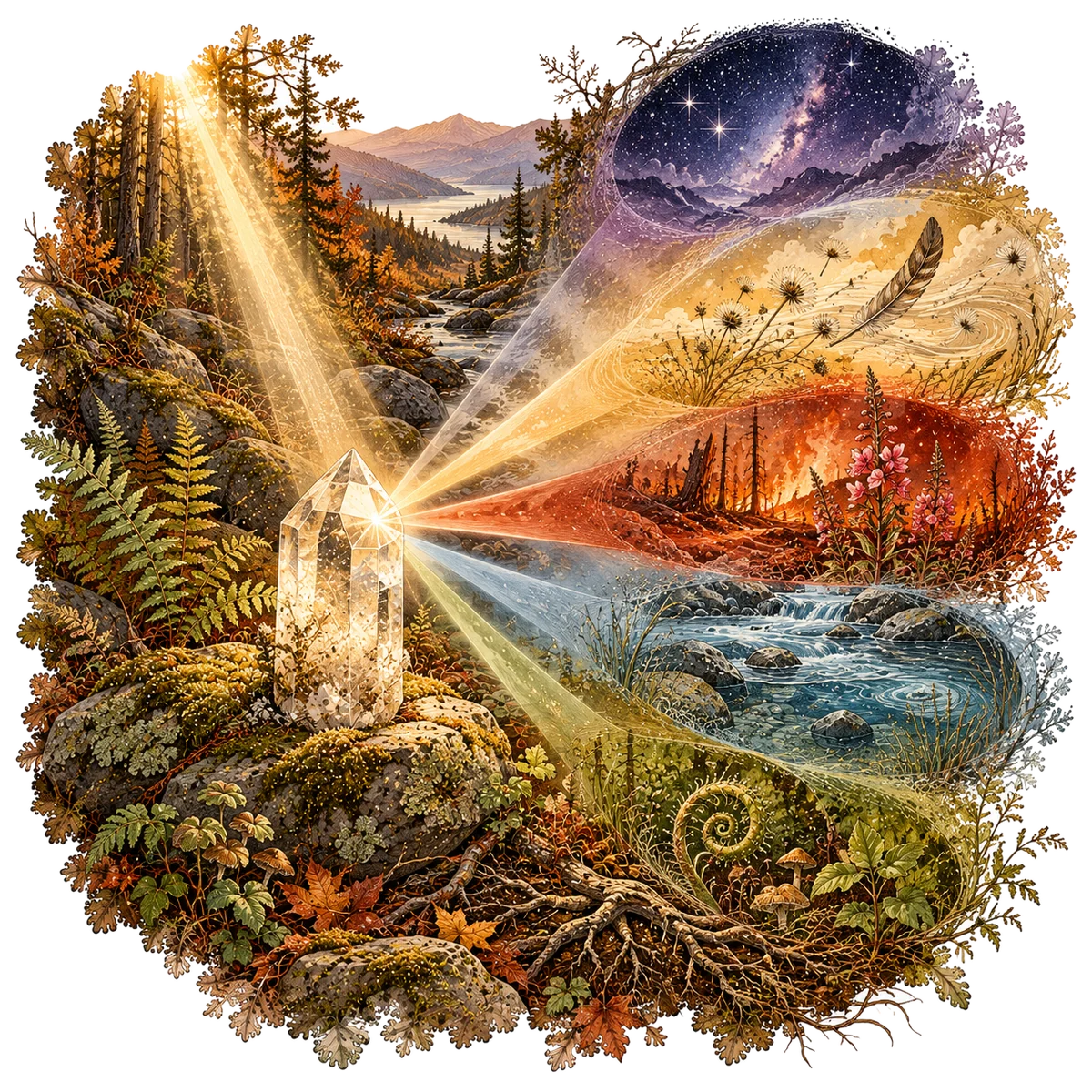 A beam of dawn light passes through a quartz crystal resting on a mossy stone and splits into five pools of colored light, rising from roots and soil, through a mountain stream, a fire meadow and drifting seeds, to a starry sky.