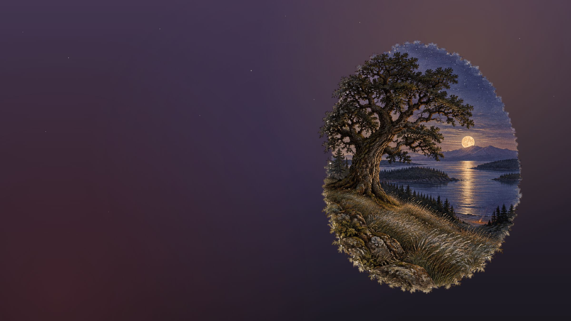 An oak on a hillside above a lake, under a rising moon