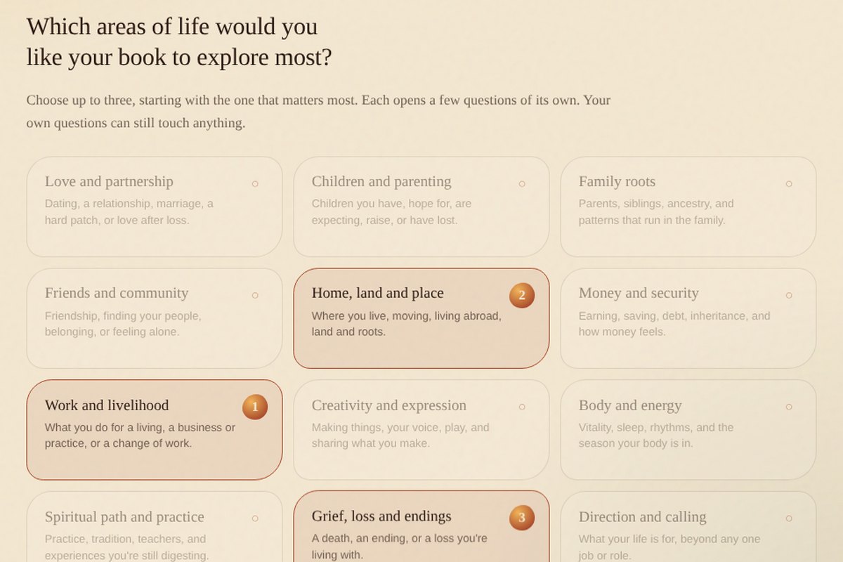 Shape your book, where you choose up to three areas of life for your book to explore, in order