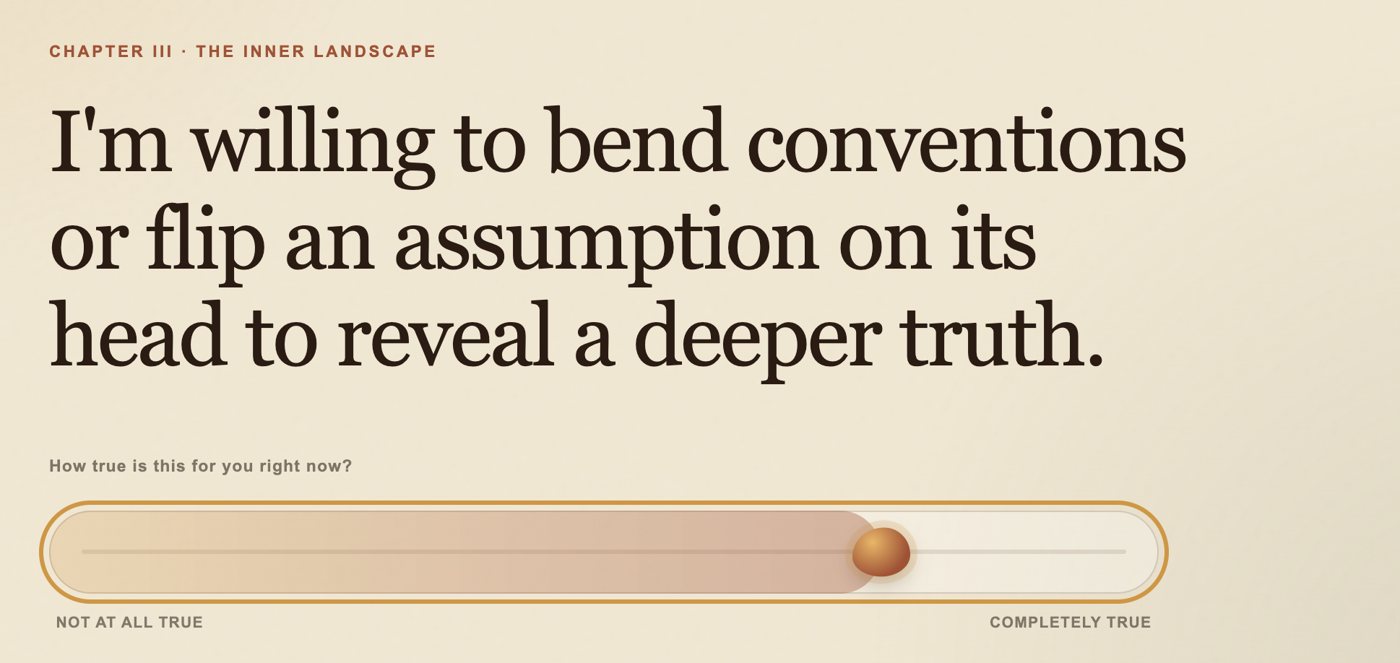 A Threshold Test question with a slider running from not at all true to completely true